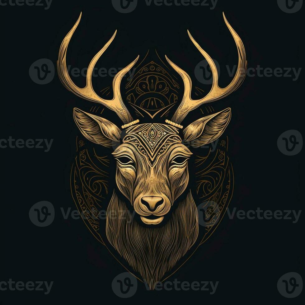 AI generated sketchy logo featuring a deer head in gold on a black background. Generative AI photo