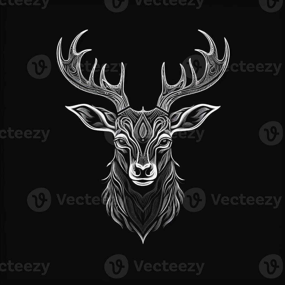 AI generated sketchy logo featuring a deer head in white on a black background. Generative AI photo