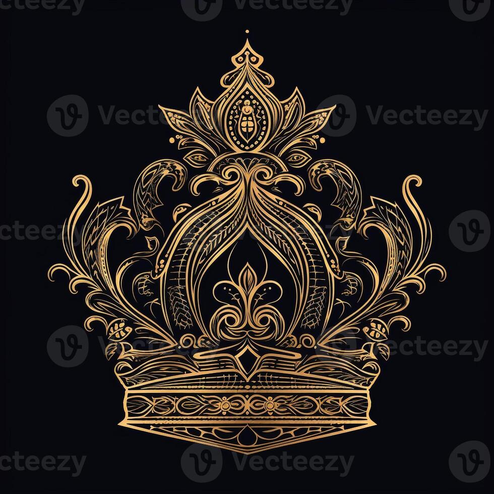 AI generated sketchy logo featuring a crown in gold on a black background. Generative AI photo