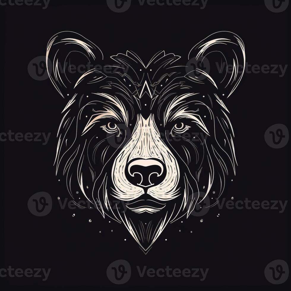 AI generated sketchy logo featuring a bear head in white on a black background. Generative AI photo