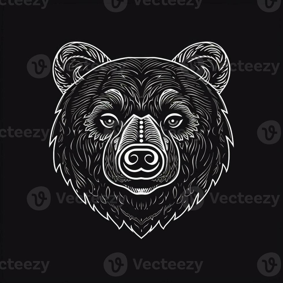 AI generated sketchy logo featuring a bear head in white on a black background. Generative AI photo