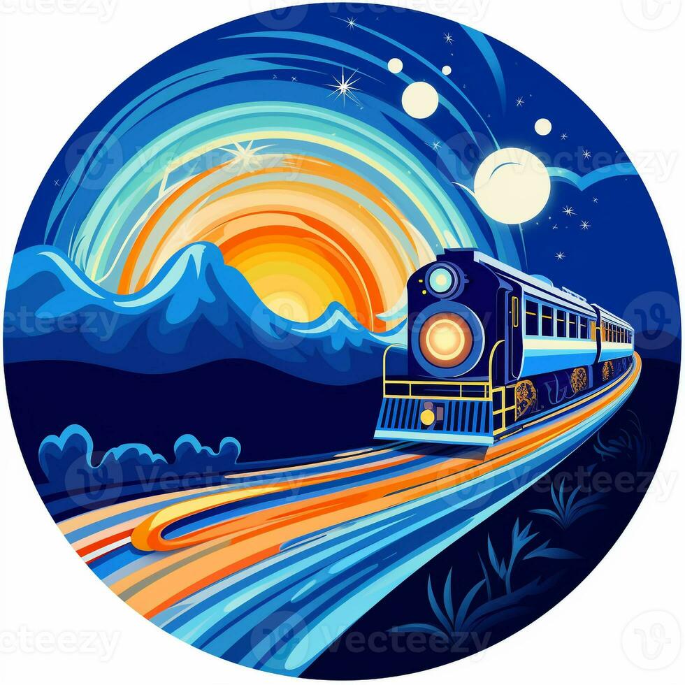 AI generated psychedelic art logo of a train. Generative AI photo
