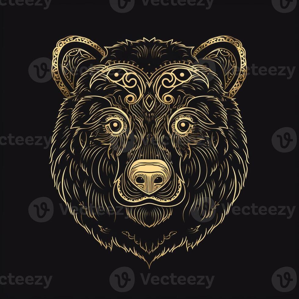 AI generated sketchy logo featuring a bear head in gold on a black background. Generative AI photo