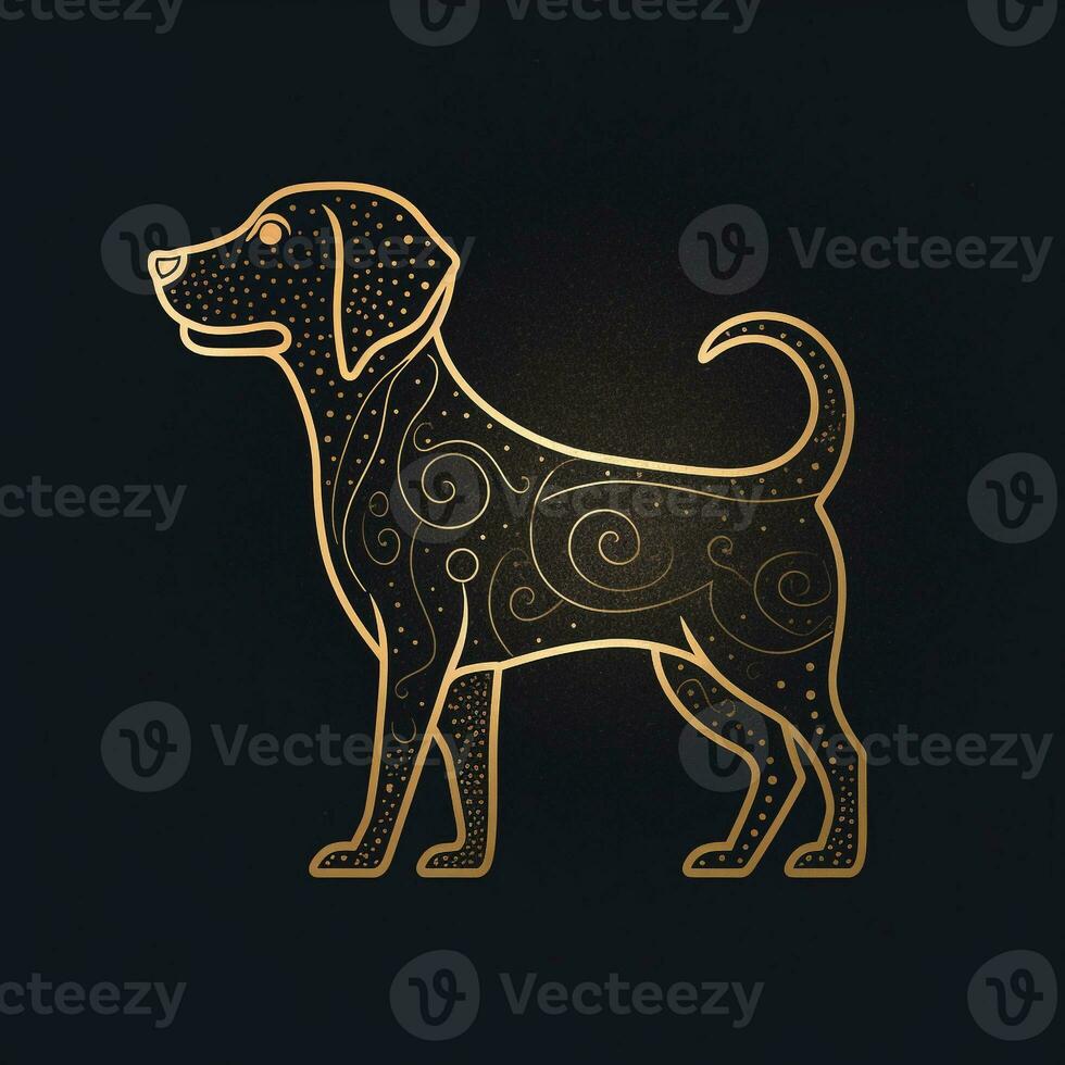 AI generated sketchy logo featuring a dog in gold on a black background. Generative AI photo