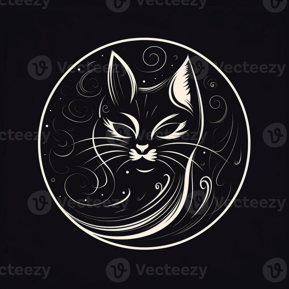 AI generated sketchy logo featuring a cat in white on a black background. Generative AI photo