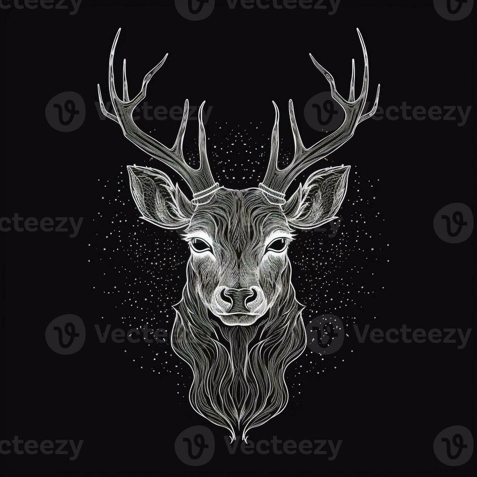 AI generated sketchy logo featuring a deer head in white on a black background. Generative AI photo
