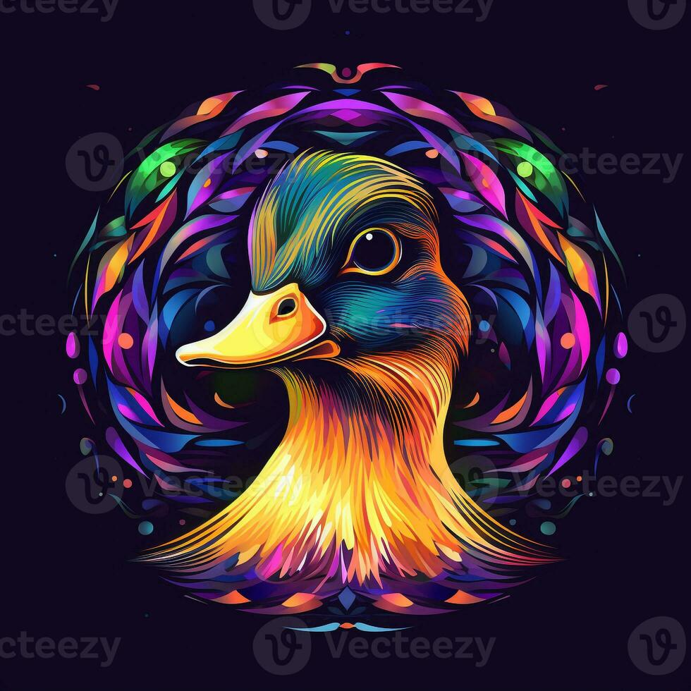 AI generated psychedelic art logo of a duck. Generative AI photo