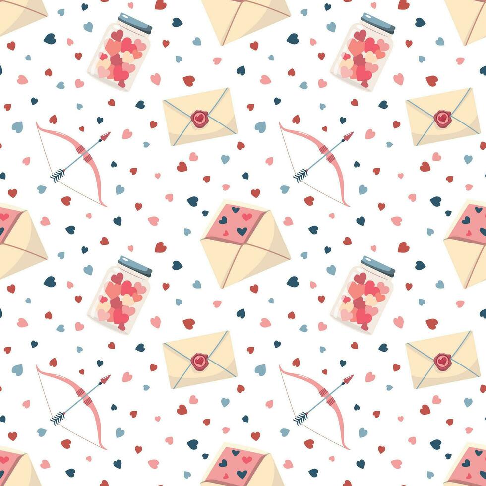 Love letters, bow and jar with hearts seamless pattern. Design element for wallpaper or wrapping. Cartoon Valentines Day vector illustration. Isolated on white background