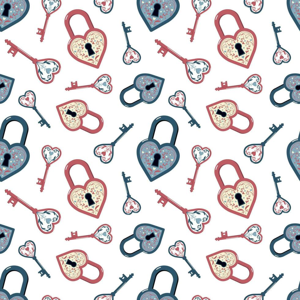 Cartoon locks and heart shape lock. Vector seamless pattern. Valentines day holiday and Romantic digital paper. Isolated on white background