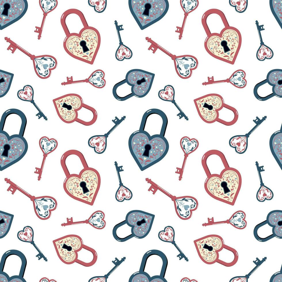 Cartoon locks and heart shape lock. Vector seamless pattern. Valentines day holiday and Romantic digital paper. Isolated on white background