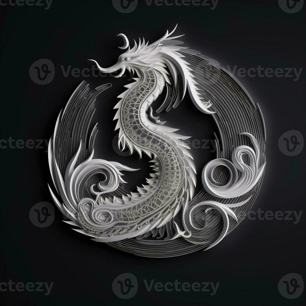 AI generated layering logo featuring dragon in white neon on a black background. Generative AI photo