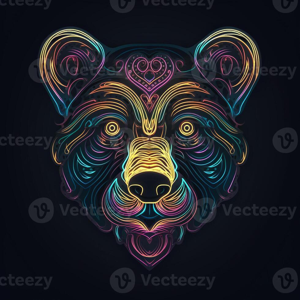 AI generated layering logo featuring bear head in white neon on a black background. Generative AI photo