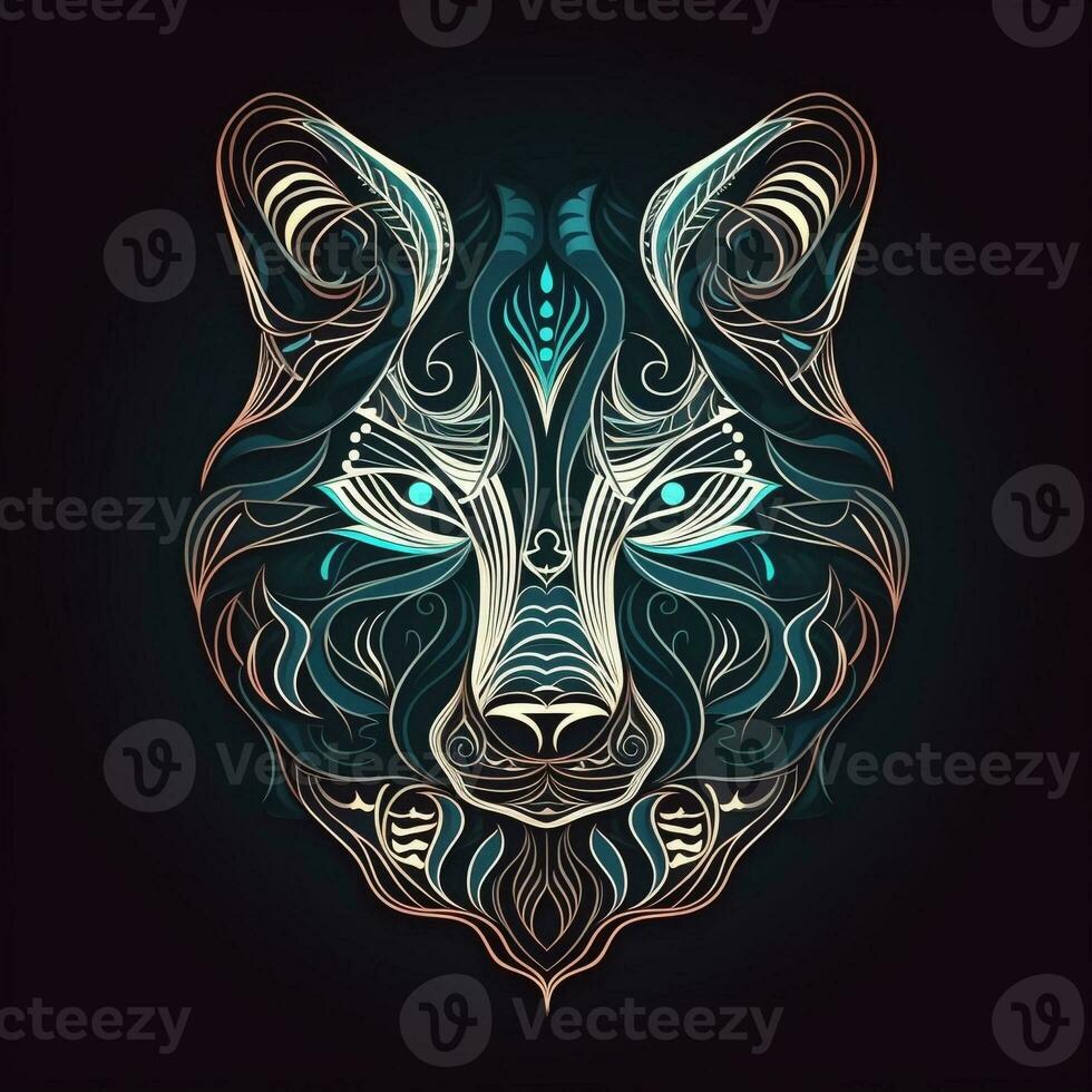 AI generated layering logo featuring wolf head in white neon on a black background. Generative AI photo