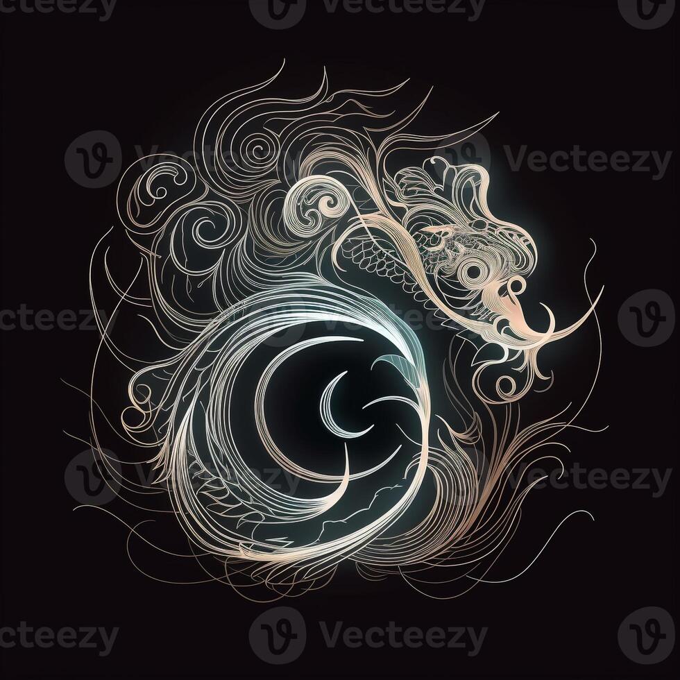 AI generated layering logo featuring dragon in white neon on a black background. Generative AI photo