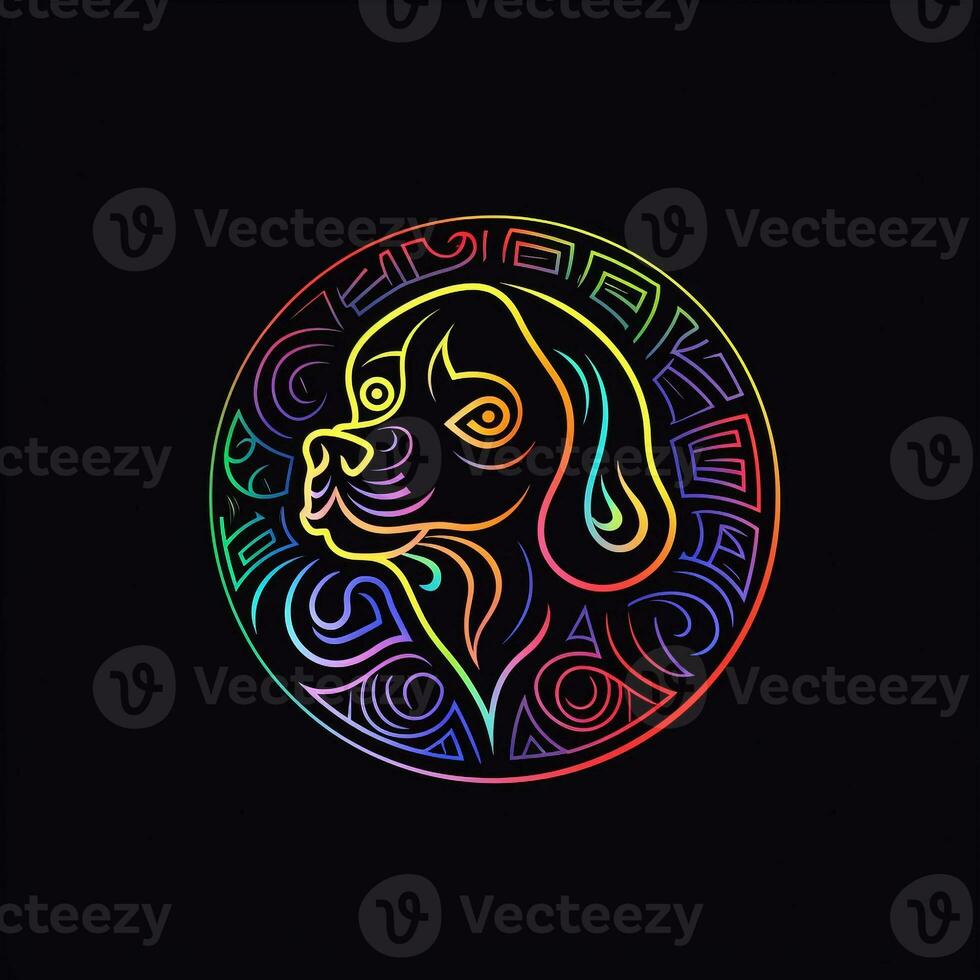 AI generated layering logo featuring dog in white neon on a black background. Generative AI photo