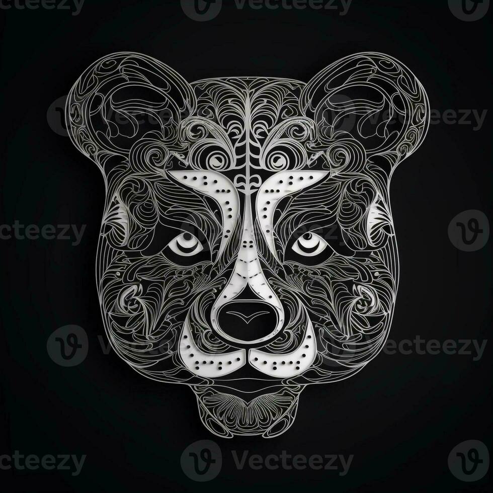 AI generated layering logo featuring panda head in white neon on a black background. Generative AI photo