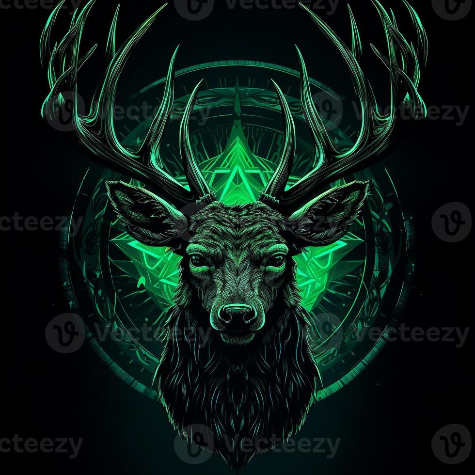 AI generated A mascot logo featuring a deer head in green neon. Generative AI photo