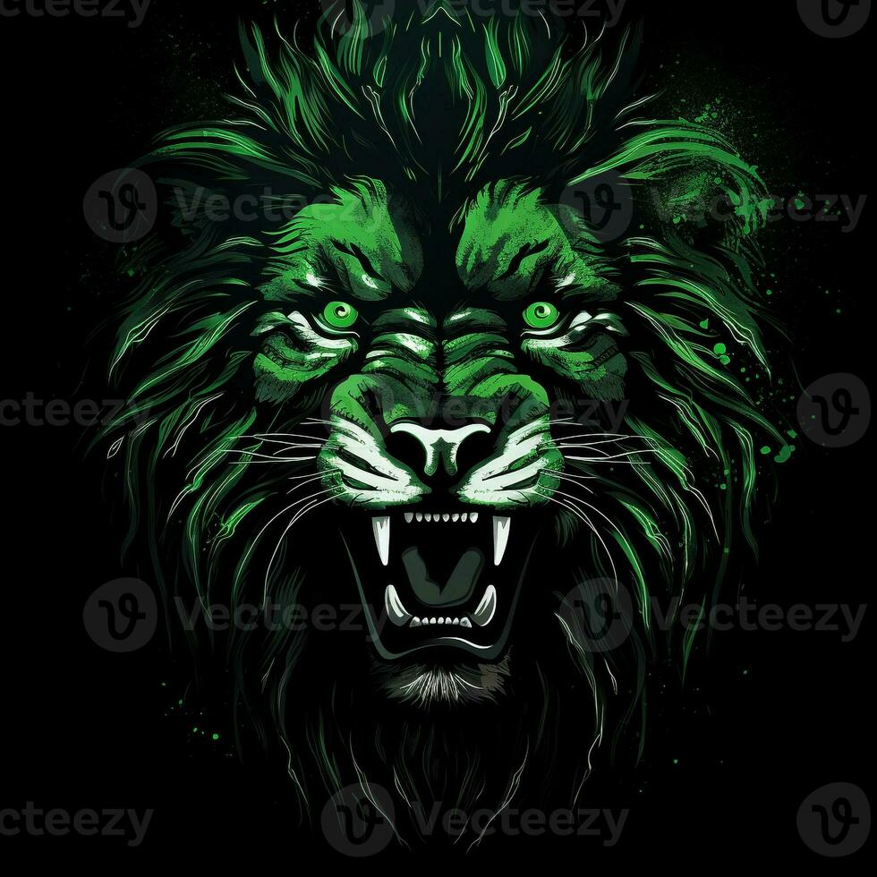ai generado un mascota logo presentando un león cabeza en verde neón. generativo ai foto