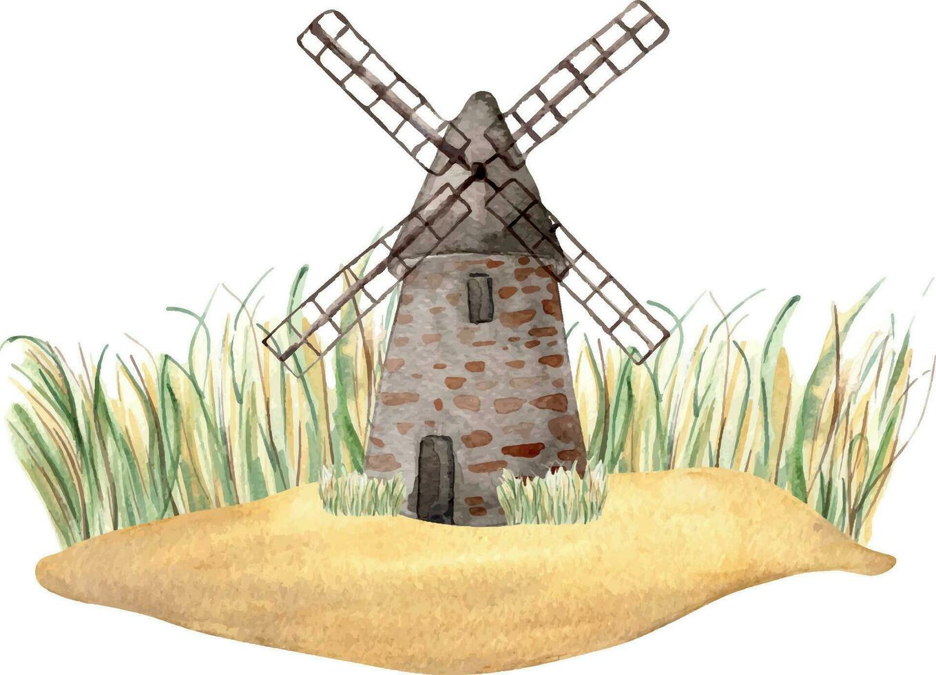 Windmill vintage watercolor illustration isolated on white background. Rural making bread mill hand drawn. Painted milling plant. Landscape for design package bread, flour, grocery store, bakery vector