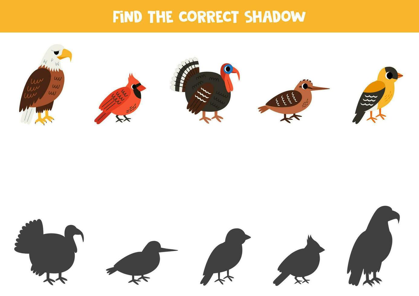 Find shadows of cute North American birds. Educational logical game for kids. vector