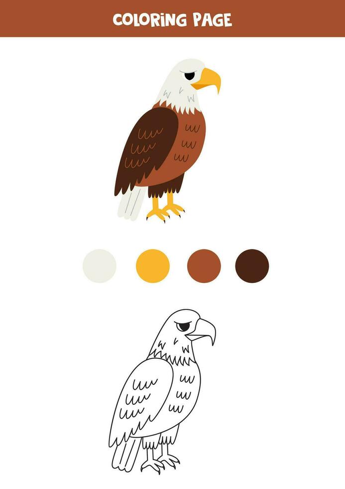 Color cute cartoon bald eagle. Worksheet for kids. vector