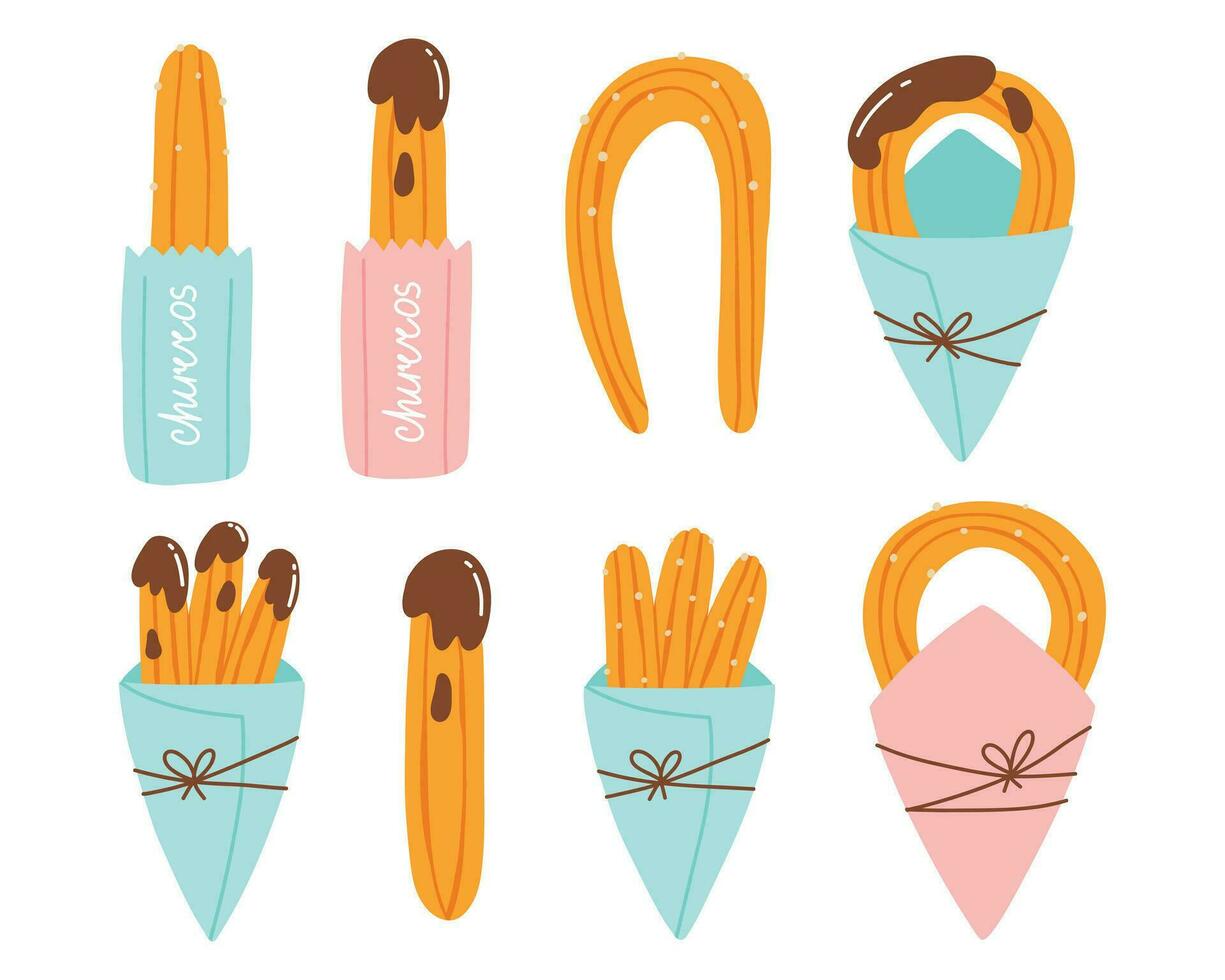 conjunto de churros en papel bolsas. colección de mexicano churros. vector ilustración en plano mano dibujado estilo.