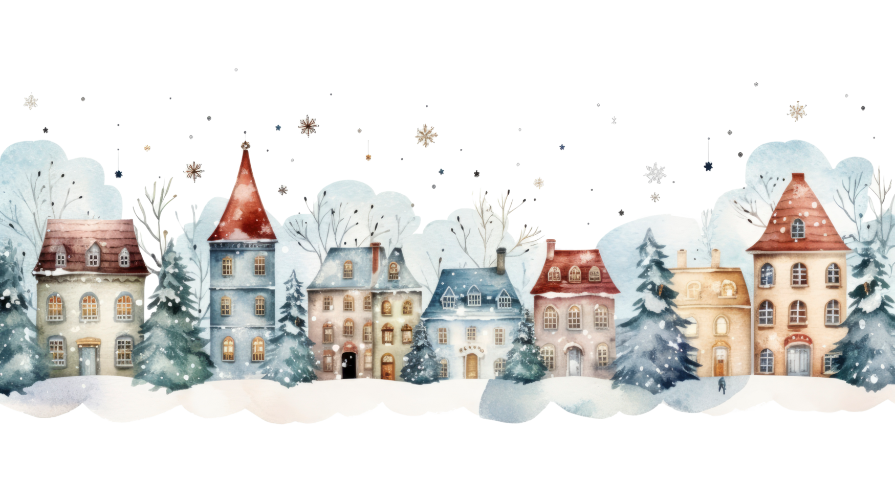 AI generated watercolor winter cute town landscape isolated on a transparent background. png