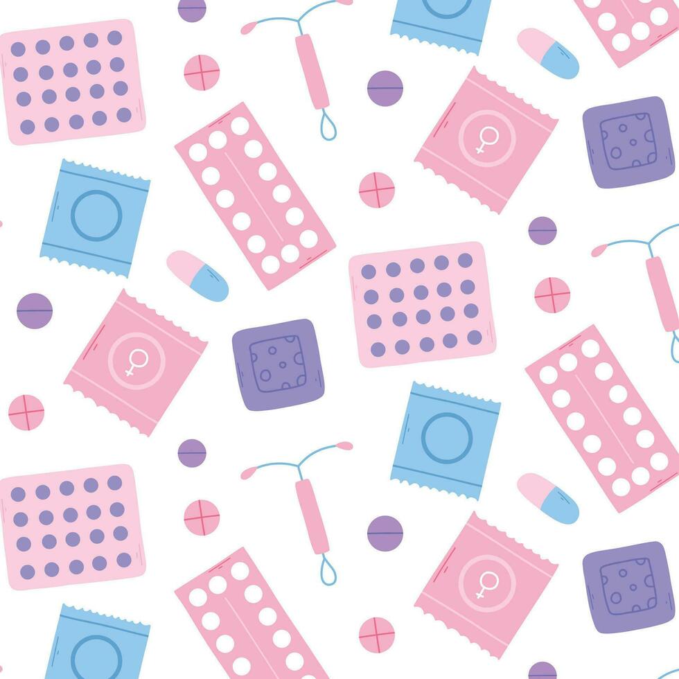 Seamless pattern with contraceptives. Vector illustration. Flat style. Medical print. Pattern with pill condoms.