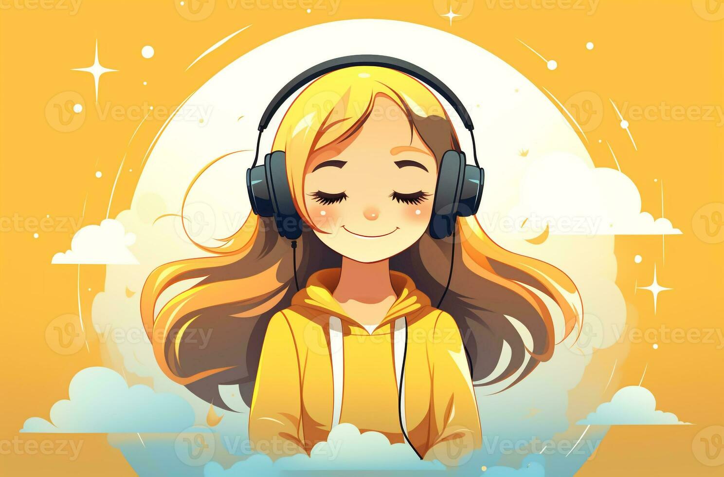 AI generated cartoon girl listening to music in vector illustration. Generative AI photo