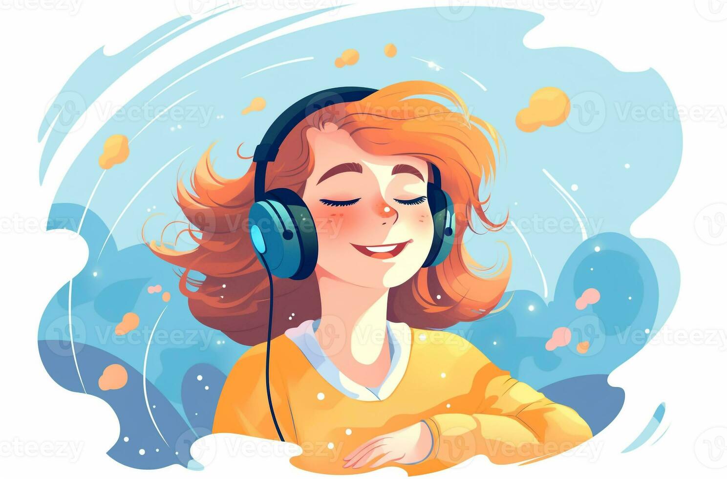 AI generated cartoon girl listening to music vector and enjoy the rhythm illustration. Generative AI photo