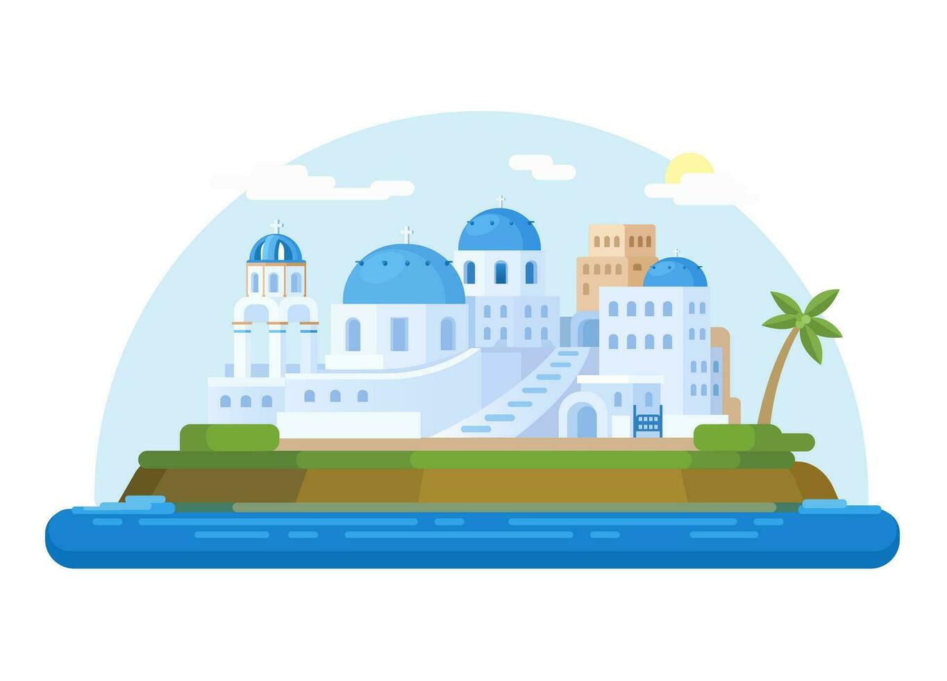 Santorini Island, Greece. Blue Domes Churches And Traditional House Flat Cartoon illustration Vector