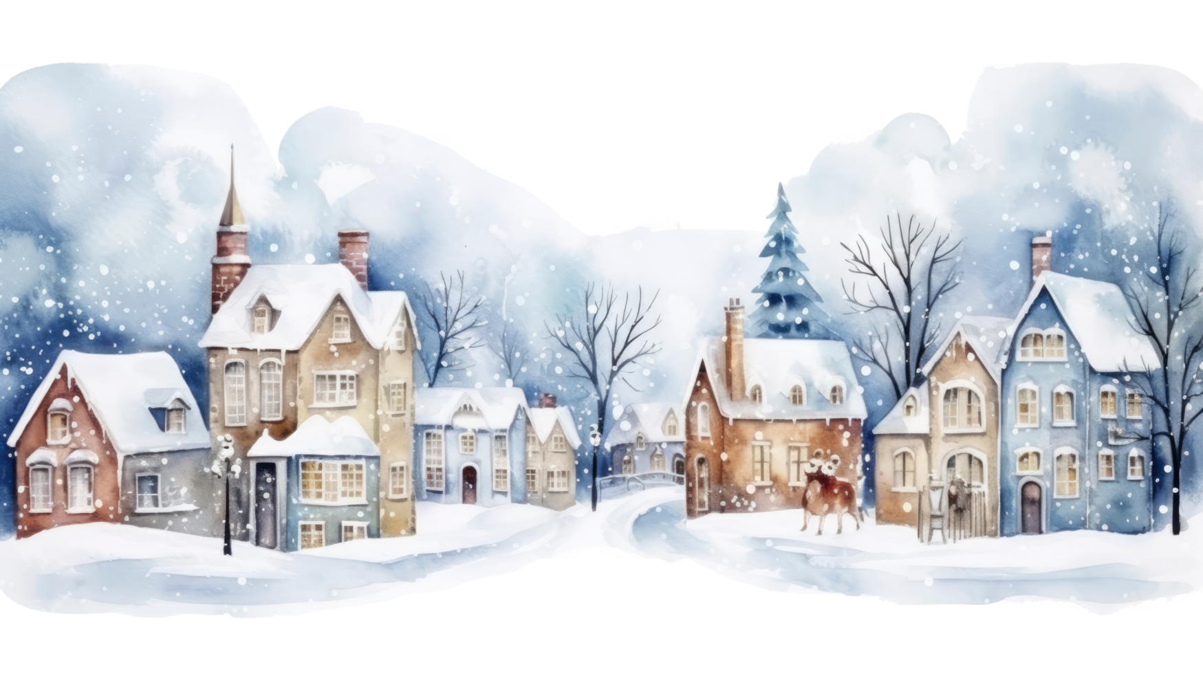 AI generated watercolor winter cute town landscape isolated on a transparent background. png