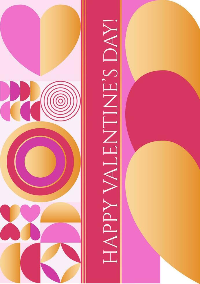 Valentine Day poster with abstract geometric flat symbols, hearts, lines and text greeting. Vector illustration.