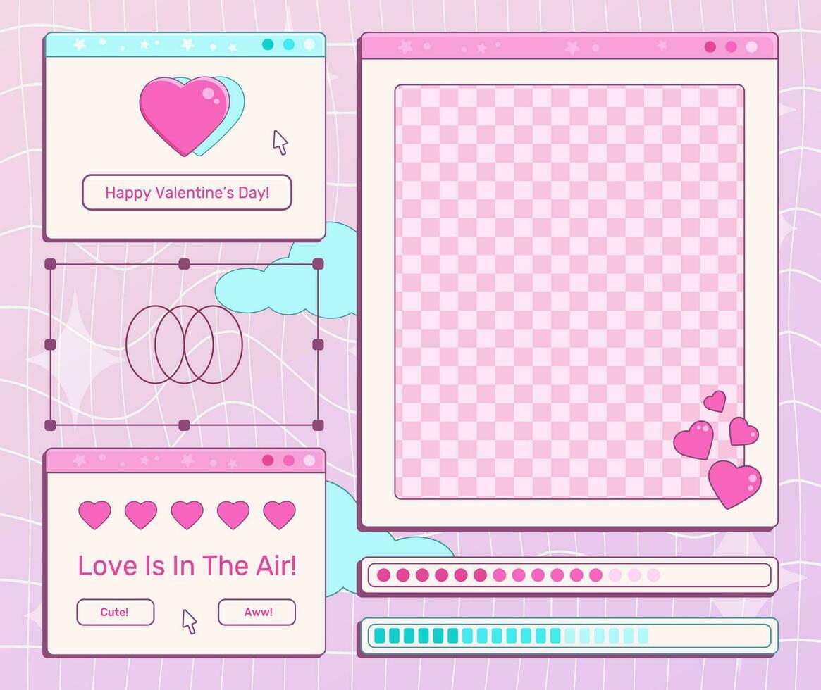 Y2K Valentine Day retro computer interface set with hearts and short phrases, pc open windows, templates, loading bars. Vector illustration.
