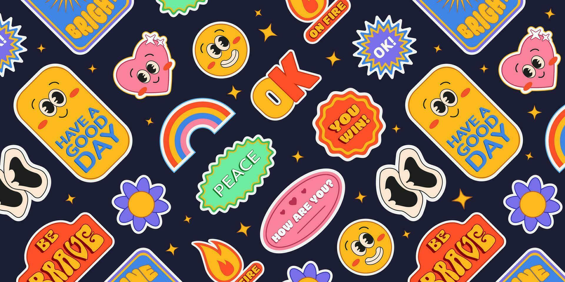 Y2K stickers banner, retro cartoon graphic art with badges and labels with short phrases and funny comic faces. Vector illustration.