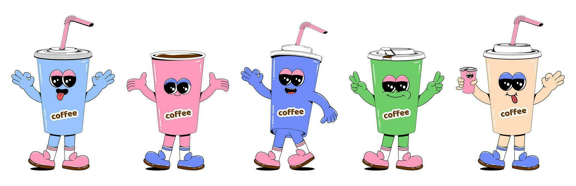 Set of coffee paper cups characters in retro cartoon style. Vector illustration of hot drinks mascots.