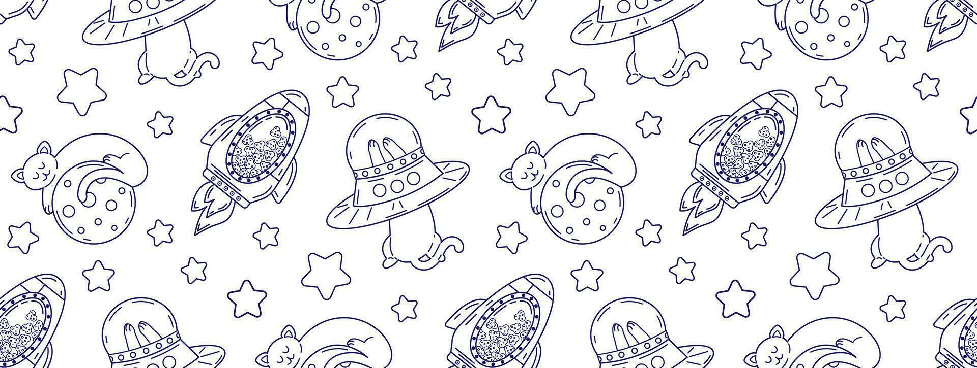 Seamless pattern with cats in space in linear style. Vector background with cute cats in a space theme.