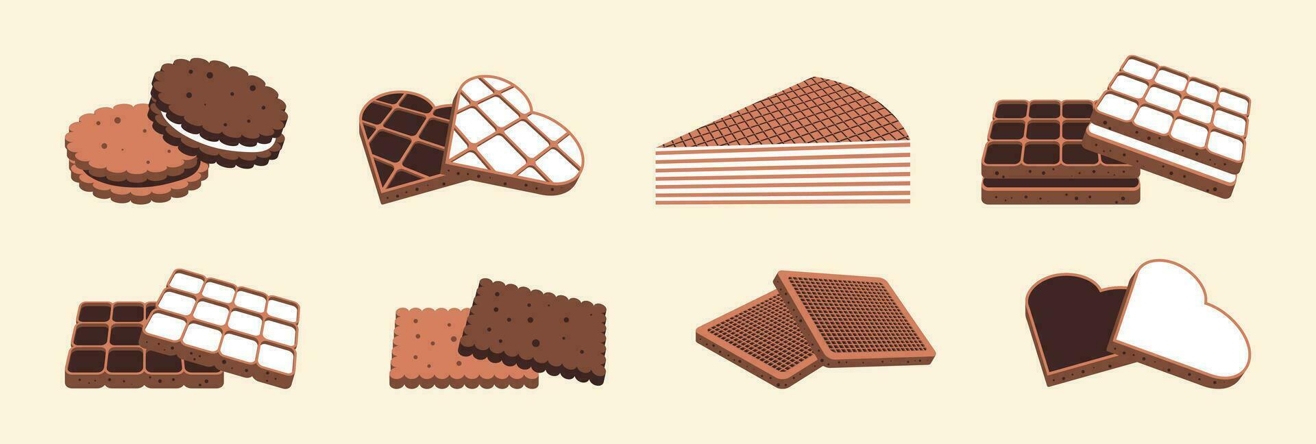 Set of sweets in flat style. Cookies, waffle cake, heart-shaped cookies. vector