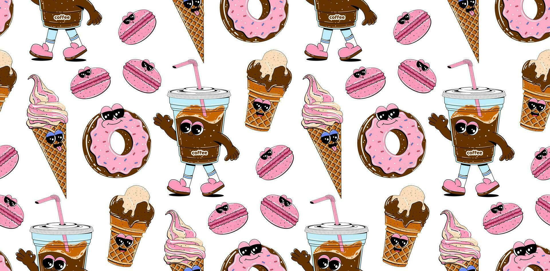 Seamless pattern with sweets characters in retro cartoon style. Ice cream, coffee, macaroon, donut, cupcake. Modern background for coffee shop, menu, restaurant. vector