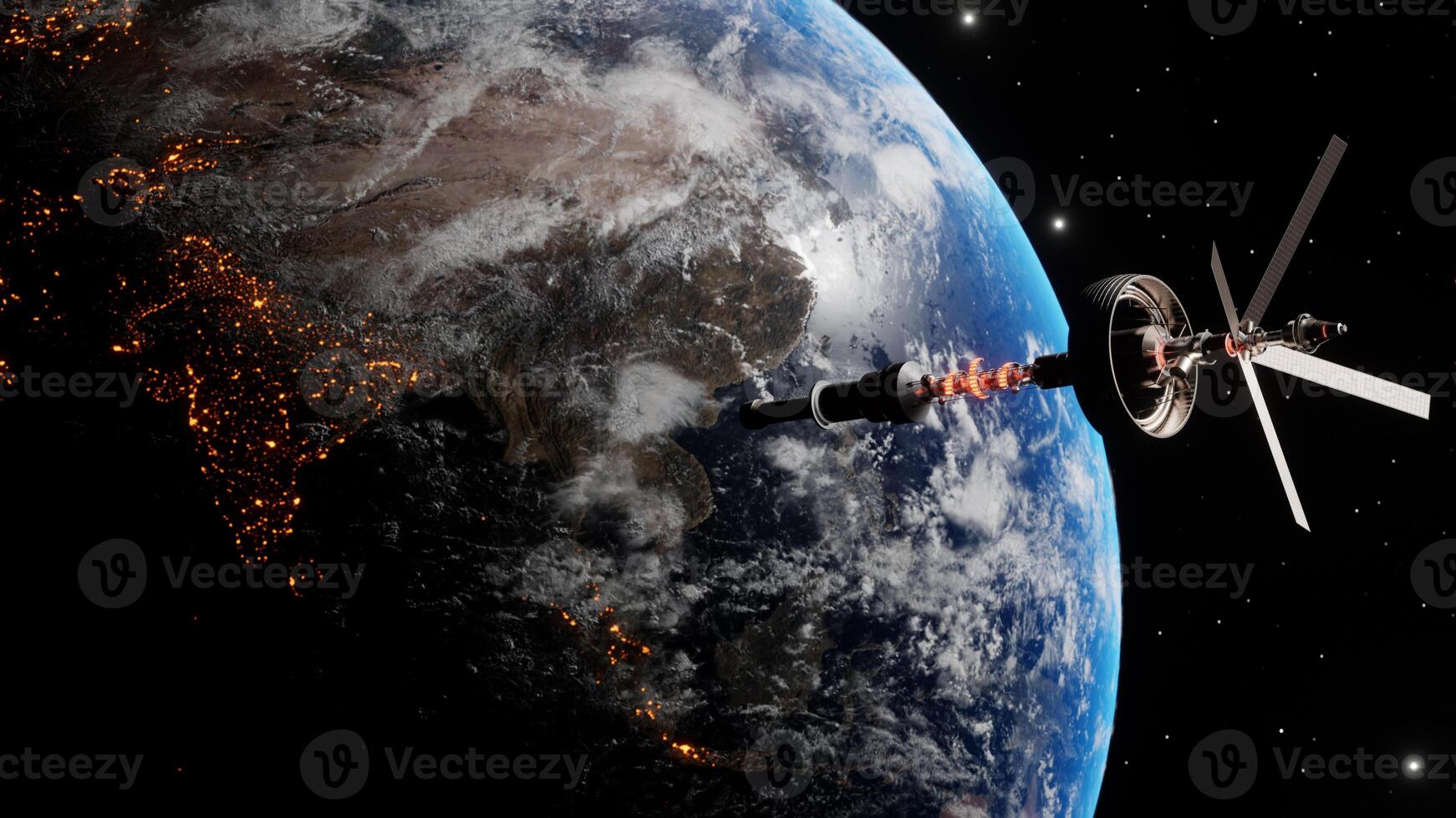 International space station floating in orbit above planet earth in outer space. Orbiting spaceship in the univers, shuttle into atmosphere. Images from NASA. Rendered 3D illustration photo