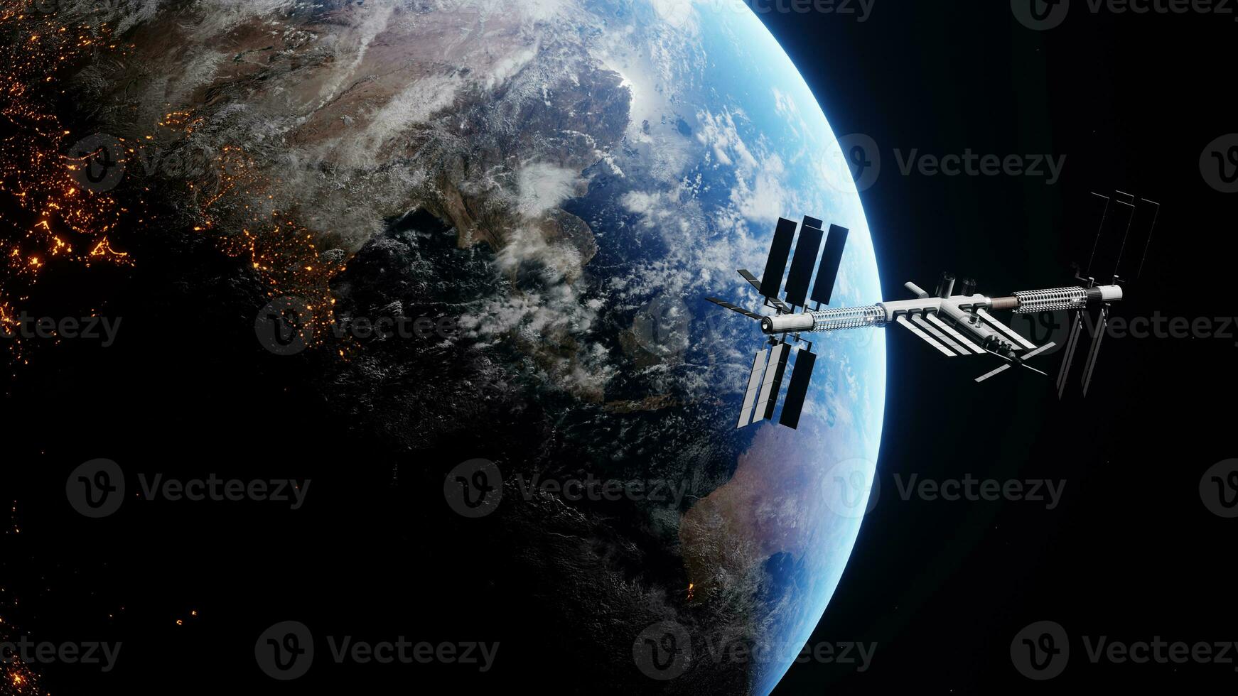 International Space Station flighting above the light of the planet. Orbiting spaceship in the univers, shuttle into atmosphere. Images from NASA. Rendered 3D illustration photo