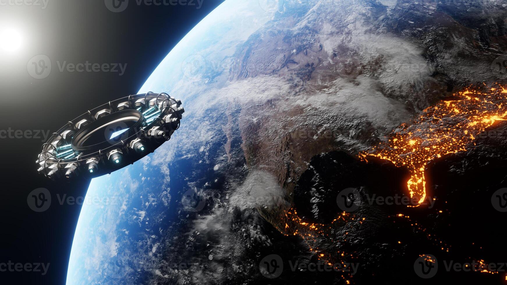 A view of the earth and a spaceship from satellit using high technology. International space station orbiting earth. Floating spaceship in the univers. Images from NASA. Rendered 3D illustration photo