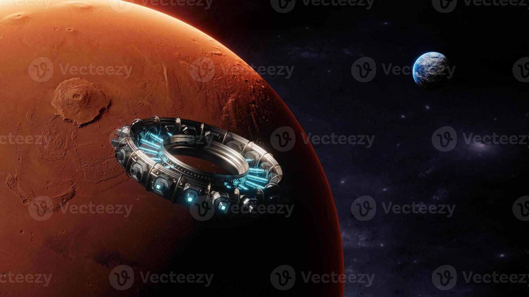 View of earth and a ship approaching Mars. Detailed and realistic 3d illustration. Floating spaceship in the univers, shuttle into atmosphere. Images from NASA. Rendered 3D illustration photo
