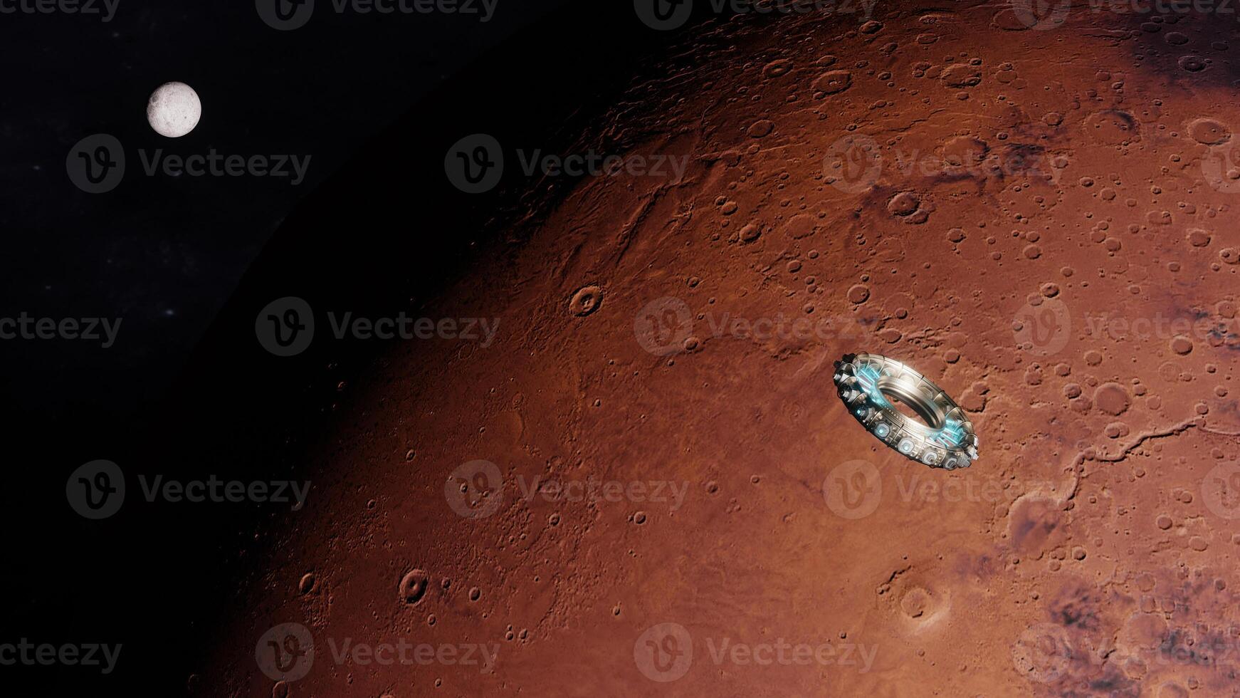 Astronomy research on Mars using high technology, satellites system and space shuttle. Floating spaceship in the univers, shuttle into atmosphere. Images from NASA. Rendered 3D illustration photo