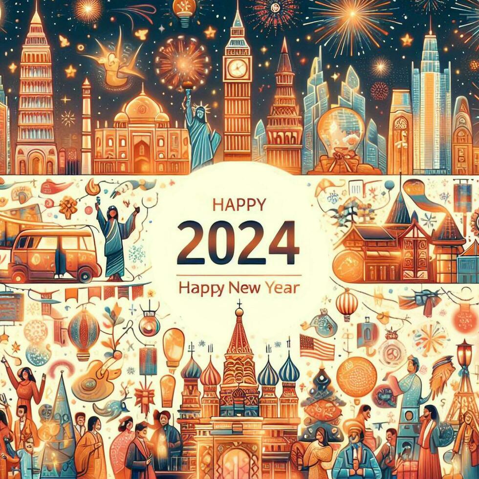 AI generated Happy New Year 2024 with a welcome celebration by everyone in the world photo