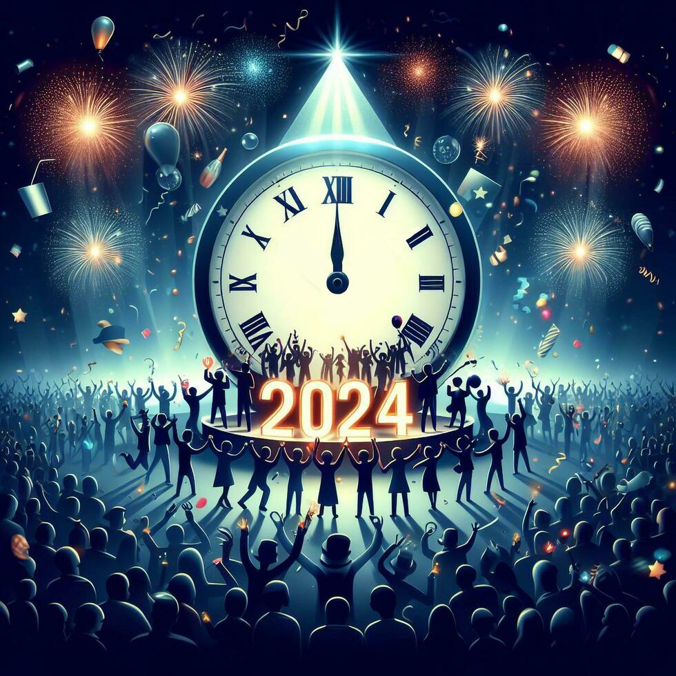 AI generated Happy new year 2024 with an illustration of everyone celebrating in front of a big clock photo