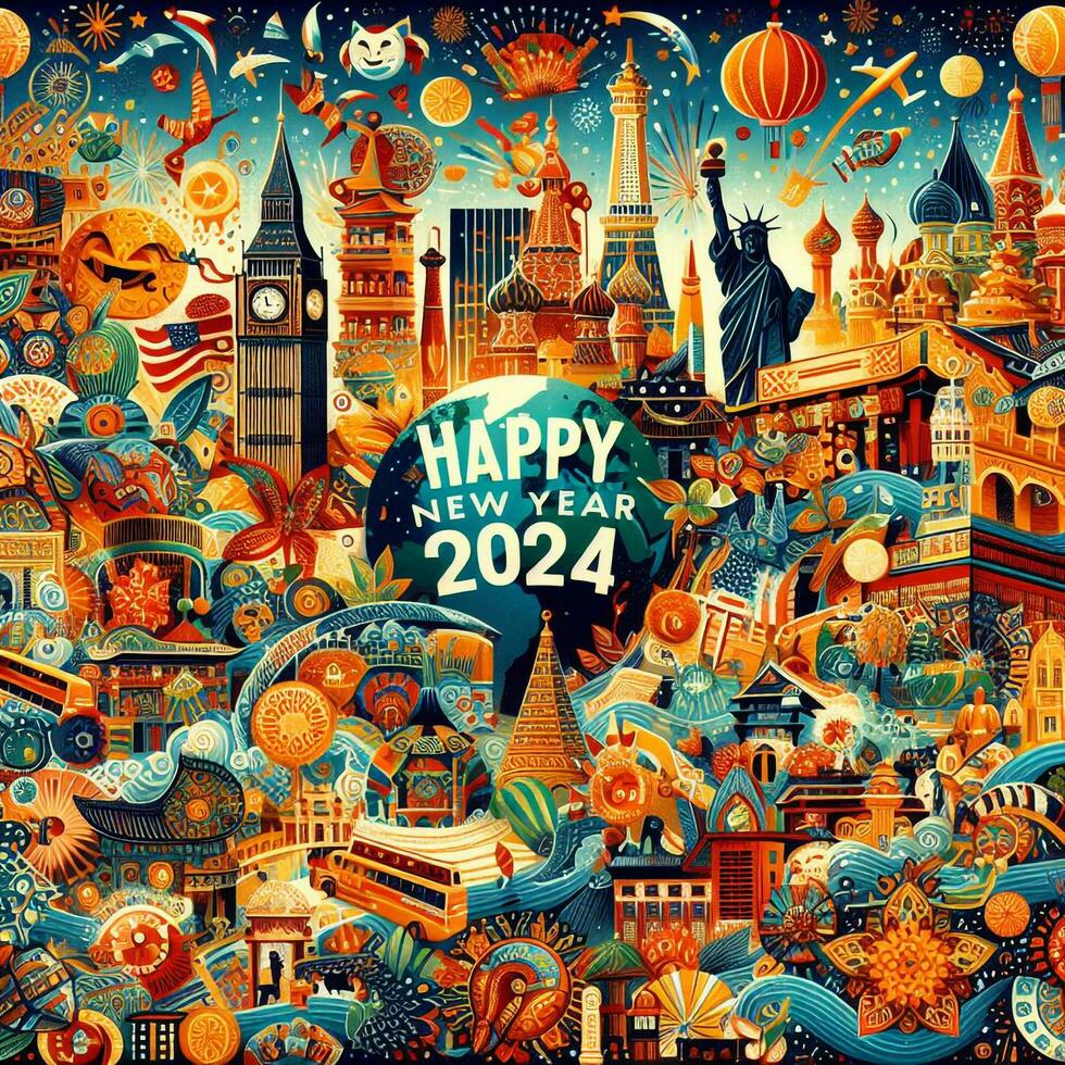 ai generado contento nuevo año 2024 caracteristicas un combinación de todas culturas en el mundo foto