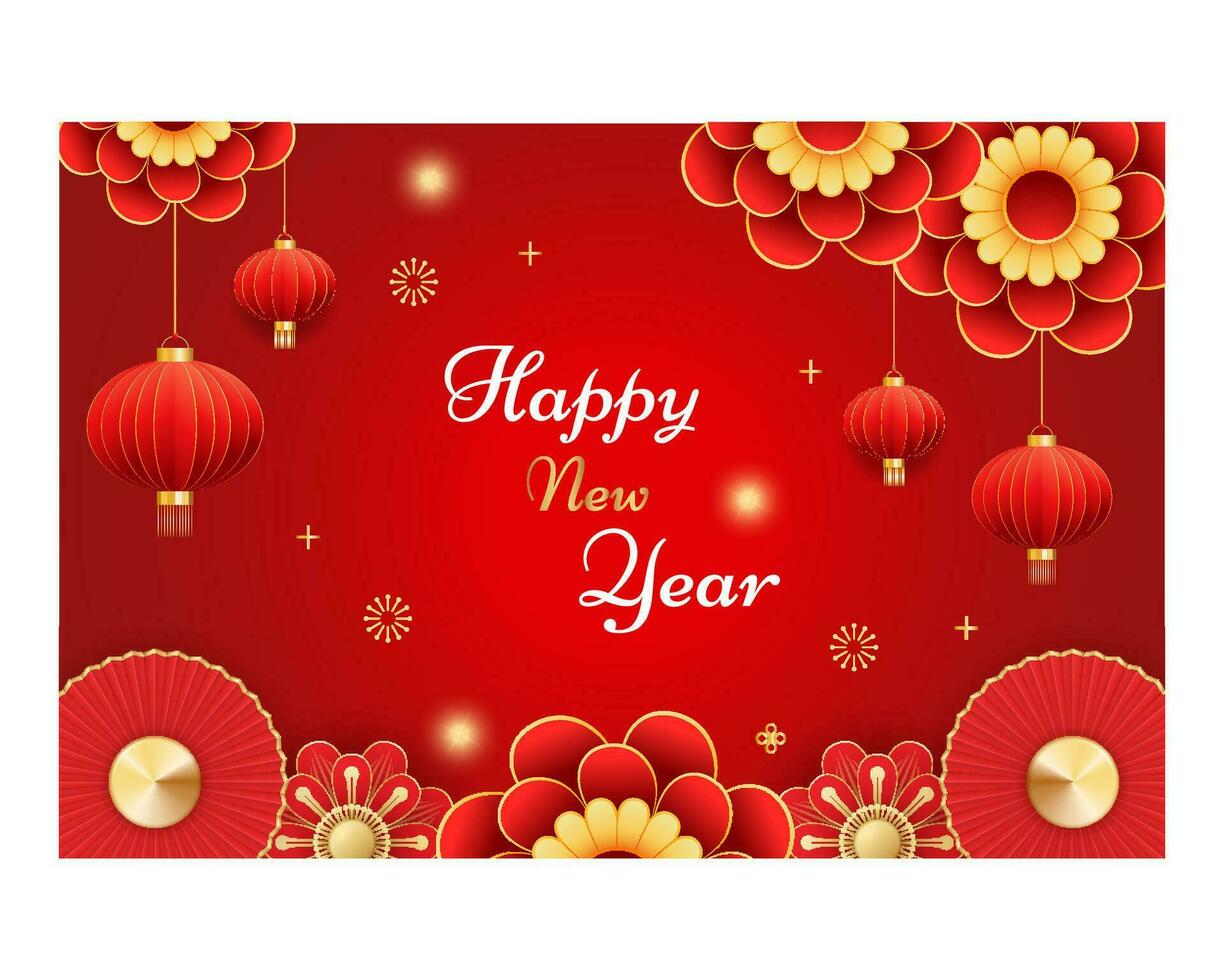 Happy Chinese new year 2024 celebration background with flower, lantern, Asian elements gold paper cut style on color background. vector