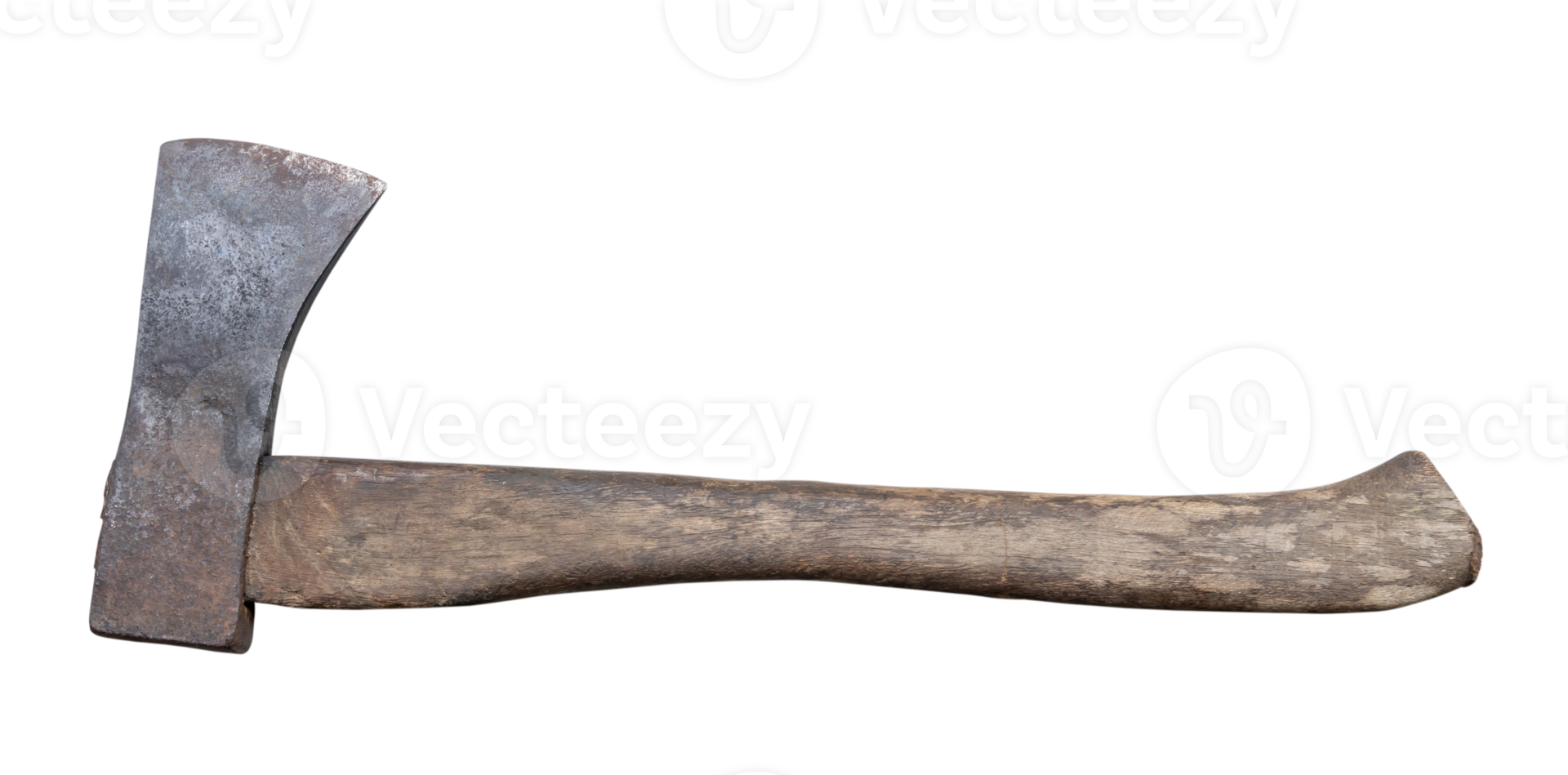Old rust dirty dark gray axe with brown wooden handle isolated with clipping path in png file format