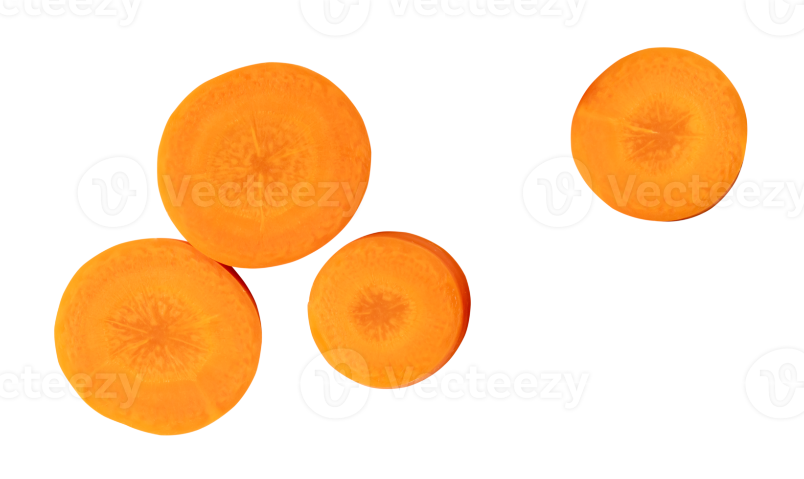 Top view of beautiful orange carrot slices in set isolated with clipping path in png file format